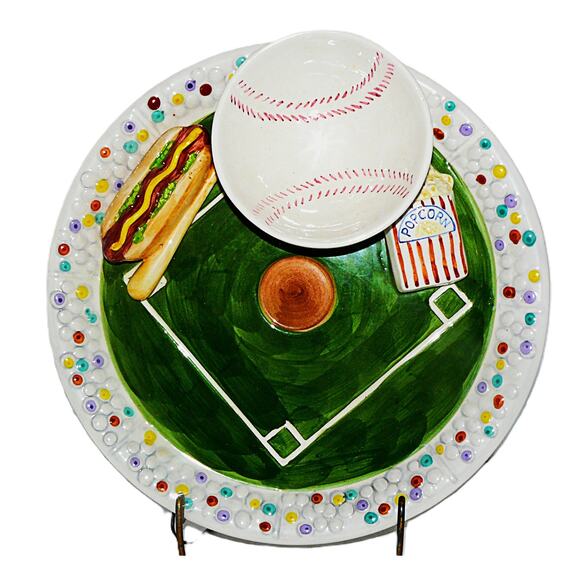 Worlds Bazaar, Inc Other - Vintage World Bazaars Baseball Ceramic Plate Bowl Hand-Painted Hot Dog & Popcorn